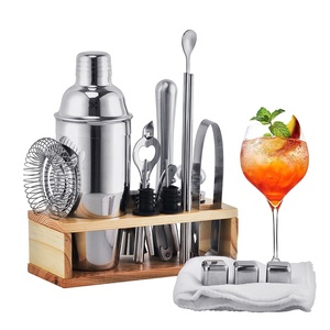 Bộ dụng cụ pha chế cocktail bằng thép không gỉ cao cấp, bền vững, có giá đỡ, dung tích 700ml, gồm 19 món và đá viên bằng thép không gỉ - Product Image 1