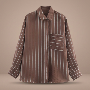 Chemise à manches longues rayée marron pour femme avec poche, coupe décontractée, en popeline, à manches longues, pour toutes les saisons - Product Image 3