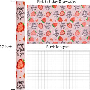 Papel de regalo anodizado rosa con diseño de fresas y estrellas, con líneas de corte en la parte posterior, personalizable. - Product Image 6