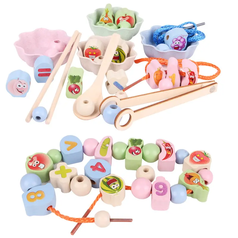 Beads Clip Baby Focus Training Game Children Wooden Chopsticks Learning Rope Threading Blocks Kids Educational Wooden Toys