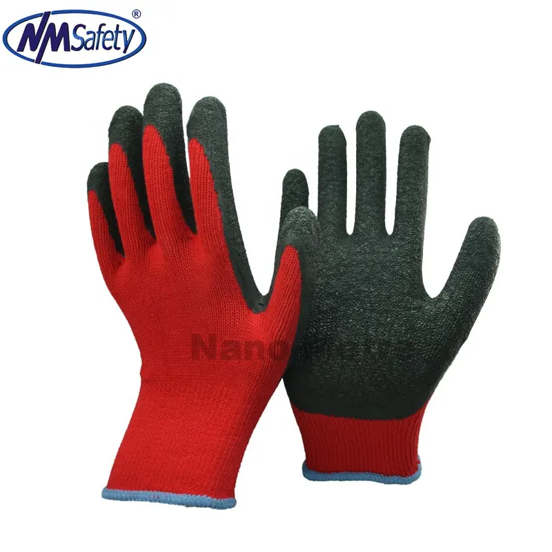 NMSAFETY 10 gauge dark red polycotton knitting shell coated black crinkle latex washable construction rubber hand gloves