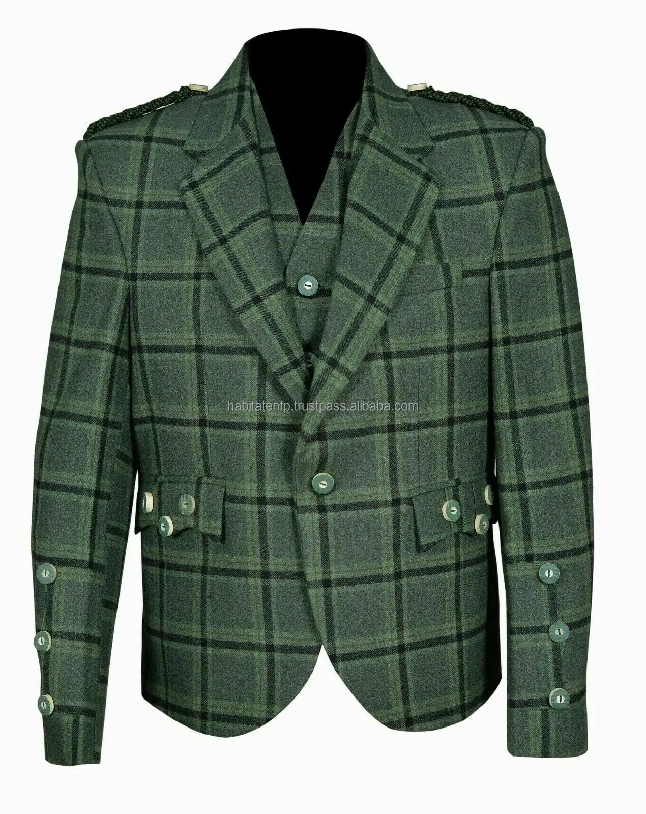 Venta al por mayor estilo tradicional Lovat Green Tweed Argyle Kilt Jacket para hombres moda Highland escocés envío gratis