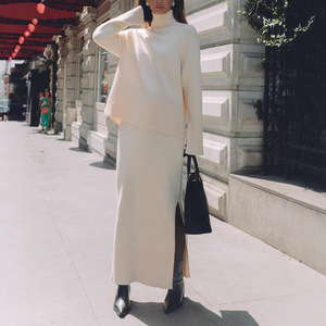 2026 겨울 신상 두꺼운 여성 니트 스커트 슈트 부드러운 2피스 세트 여성 터틀넥 스웨터 와이드 스커트 니트 의상 - Product Image 1