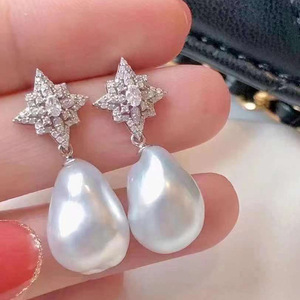 S925 Silver DIY Pearl Accessories Empty Support <b>Snowflake</b> Silver <b>Earrings</b> with 9-13mm Round Beads 21176 Model - Product Image 1