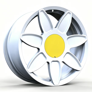 Rines Deportivos de Lujo para <span class=keywords><strong>Ferrari</strong></span> y Porsche, Blancos Brillantes con Diseño Floral de 8 Radios, Forjados, con Tapas de Eje Amarillas Personalizadas - Product Image 1