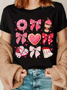 DaisyKache T-shirt da donna taglie forti girocollo a maniche corte con stampa motivo caffè e fiocco, casual, vestibilità ampia, per San Valentino, 100% cotone - Product Image 3