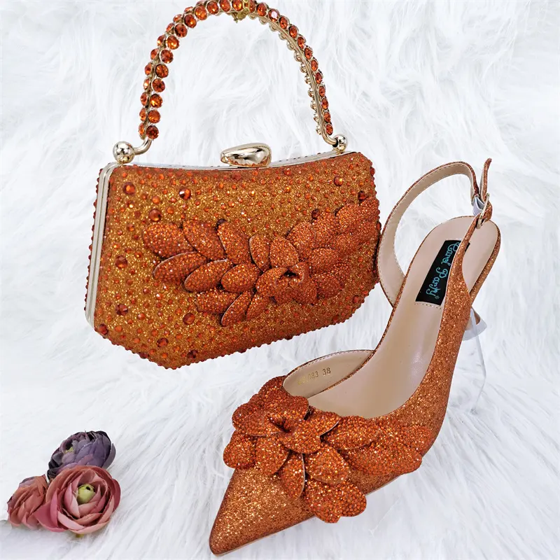 Neueste kommen INS Style Orange Farbe Elegante Damen High Heels Nigeria Beliebtes Design Afrikanische Damen Damen Schuhe und Tasche Set