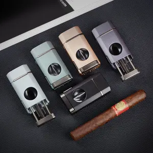 Classic Design Cigarette Lighter with Built-In Cigar Cutter Triple Jet Flame Butane Lighter and Visible Window