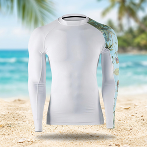 เสื้อแรชการ์ดแขนยาวสำหรับผู้ชาย สีขาว ลายพิมพ์เขตร้อน ป้องกันรังสียูวี ครอบคลุมทั้งตัว เหมาะสำหรับว่ายน้ำ - Product Image 5