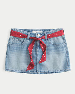 Jupe courte décontractée en jean respirant à taille régulière avec lien et broderie imprimée - Product Image 4