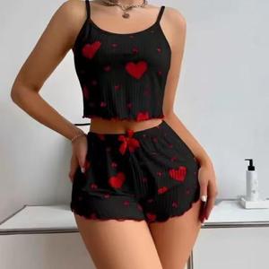 Conjunto de pijama para mujer, ropa de dormir de 2 piezas, camiseta sin mangas y pantalones cortos, suave, informal, con estampado de amor, tallas S, M, L - Product Image 3