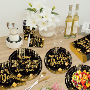 Nouvel ensemble de vaisselle de fête de bonne année en or noir assiette en papier <span class=keywords><strong>jetable</strong></span> tasse en papier ensemble de serviettes en papier - Product Image 1
