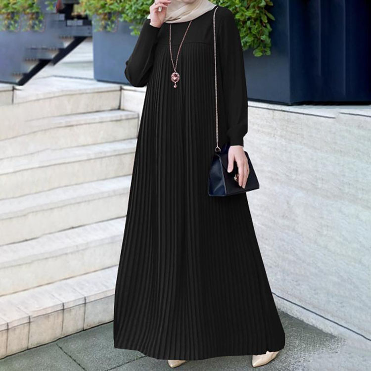 open lace back dress Elegant Muslim Women's Pleated Chiffon Pullover Robe Dress Modest Solid Color Abaya with Flared Sleeves (MA176), Green / XL main image 1