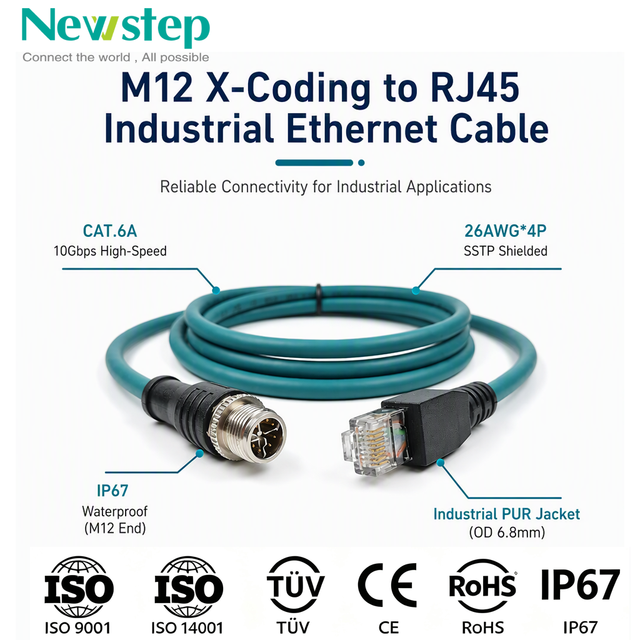 M12 X-Coded 8 Pin to RJ45 Cat6A Industrial Ethernet Cable, 10Gbps High Speed Shielded Cordset for GigE Vision Camera