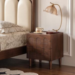 Table de chevet moderne <span class=keywords><strong>en</strong></span> noyer massif avec tiroirs cintrés, petite table d'appoint pour chambre à coucher - Product Image 1