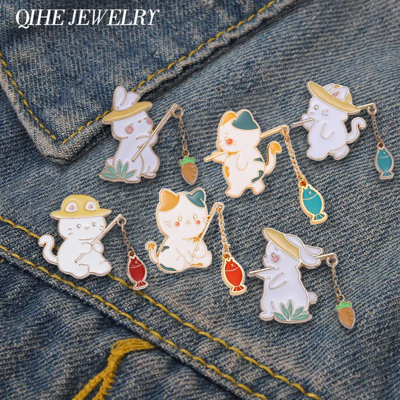 Cat Fishing Enamel Pin Brooch Badge Fun White Rabbit Animal Cartoon Kitten Bunny Jewelry Accessory Pin Sweater Metal Lapel Gift