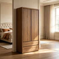 Armoire 2 portes 2 tiroirs en chêne massif sans poignées, style Japandi moderne et minimaliste, pour chambre, appartement, maison, hôtel