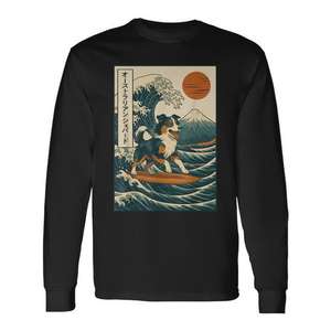 Camiseta de manga larga Australian Shepherd Surfing Japanese Wave - Product Image 1
