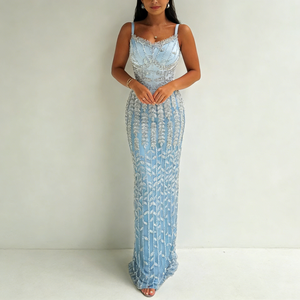 Robes pour femmes à bretelles spaghetti, col cœur, ornées <span class=keywords><strong>de</strong></span> perles et <span class=keywords><strong>de</strong></span> strass, motif feuille, coupe sirène ajustée, élégantes, formelles, longues - Product Image 2