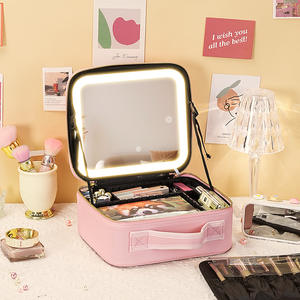 Trousse de maquillage lumineuse avec miroir LED, grande capacité, sac à cosmétiques professionnel pour le rangement à domicile, poignée souple, couleur unie - Product Image 5