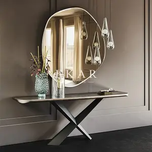 Modern Italian Loyal golden X Shaped Stainless Steel Base Stone Marble Top Hallway Console Table with Wall Mirror