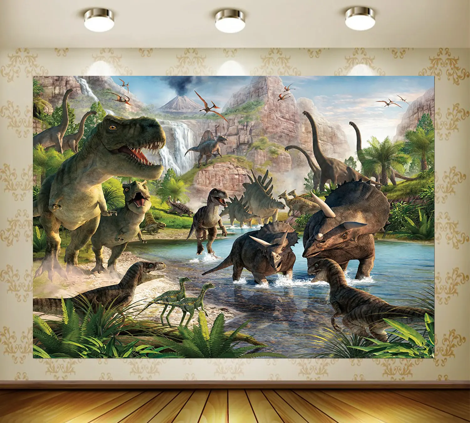 Studio fotografi latar belakang Dunia Jurassic untuk dekorasi pesta dinosaurus latar belakang foto kustom anak laki-laki ulang tahun