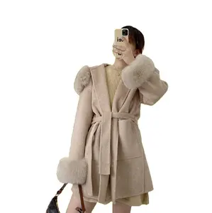 Hot Sale Winter Hood Woolen Coat Casual Wool Trench Coat Women With Fox Fur Cuff