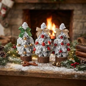 Pohon Natal Mini Berlapis Bulu Putih Terlaris dengan Alas Kayu, Pohon Natal Meja Kecil dengan Hiasan Pita, Lonceng, dan Buah Berry untuk Dekorasi Rumah Natal - Product Image 1
