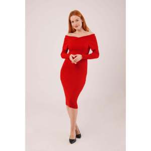 Vestido Midi de Punto Rojo al por Mayor con Cuello en V, Detalle en el Hombro, Invierno, Lana, Estampado Simple, Casual, Recto/Cami/Bodycon, Botones, Natural, Maxi - Product Image 6