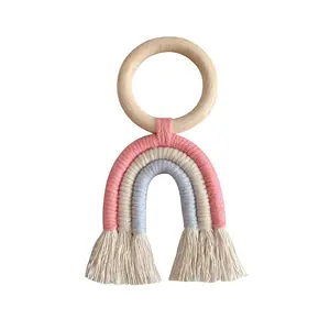 Baby Teether Crochet Wood Ring Rattle Teething Rainbow wooden Stroller Toys Shower Gift Baby Teeth