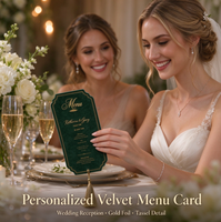 Cartes de Menu/Place de Mariage Personnalisées YONGHONG en Velours, Impression Offset Dorée Élégante, Pompon Personnalisé, Réception de Mariage de Luxe