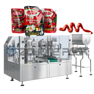 Máquina de envasado rotativa automática vertical para bolsas preformadas de formas especiales, para llenado y sellado de gel energético, miel y aceite de cocina en sobres preformados - Product Image 1