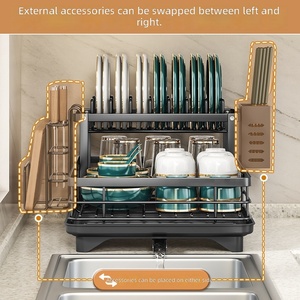 Égouttoir à vaisselle à 2 niveaux en acier au carbone avec plateau coulissant, organisateur de comptoir pour assiettes, bols et tasses de cuisine - Product Image 3