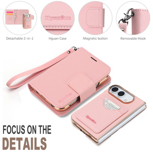เคสกระเป๋าสตางค์แม่เหล็กหนังเทียมสีชมพูแบบถอดได้ 2 1 ฝาพับได้ ช่องใส่การ์ด สายคล้องข้อมือ ตะขอถอดได้ บรรจุกล่อง - Product Image 1
