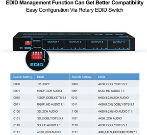 4K <span class=keywords><strong>HDMI</strong></span> 2.0b Matrix Switch 4x4 Switcher Splitter 4 in 4 Out Box avec SPDIF EDID Extractor IR Remote Control Support HDCP 2.2 ARC - Product Image 4