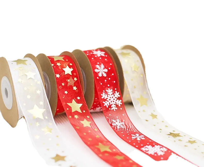 Wholesale Gold Hot Stamping Printing Ribbon Star Organza Red Organza Handmade Ribbon Gift Packaging Decorative Ribbons