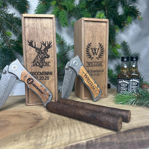Boîte de cadeaux personnalisée pour garçons d'honneur Paquet de vin à cigares Boîte à couteaux en bois gravée pour proposition de mariage pour homme - Product Image 4