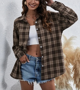 Custom Embroidered logo Ladies Cotton Check Pocket Shirt <strong>Women</strong> Long Sleeve Button Front Plaid Print <strong>Overshirt</strong> - Product Image 2