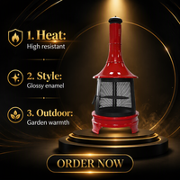 Brasero d'extérieur en émail rouge avec cheminée longue, foyer de jardin autoportant, chauffage au bois pour barbecue
