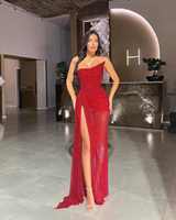 Mily nupcial ML361 elegante Formal cuello asimétrico vestido de noche de mujer rojo con lentejuelas hendidura largo hasta el suelo vestidos de graduación simples