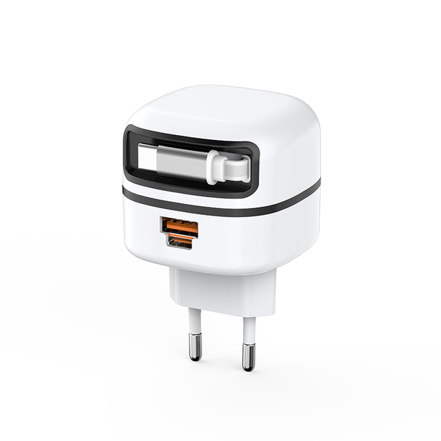 Fast Charging Wall Charger With Built-in Retractable Type-C Cable PD 25W Type-C USB-A Dual Port Compact Travel Universal Adapter