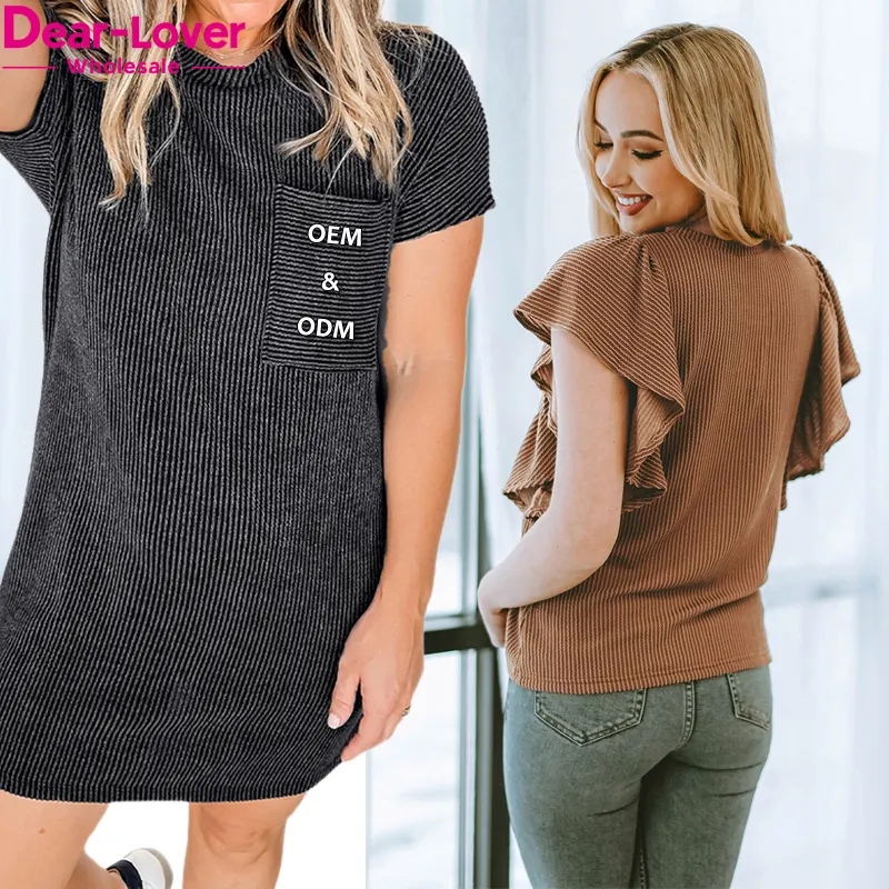 Dear-Lover OEM ODM Custom Logo Wholesale Private Label Summer Shift T-Shirt Dresses Solid Rib Knit Women Blank T Shirt Dress