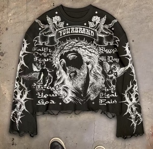 Camiseta Vintage de Manga Larga con Tejido Waffle para Hombre, Diseño Gráfico de Jesús y Querubín, Estilo Desgastado, Térmica, Y2K <span class=keywords><strong>Grunge</strong></span> - Product Image 2