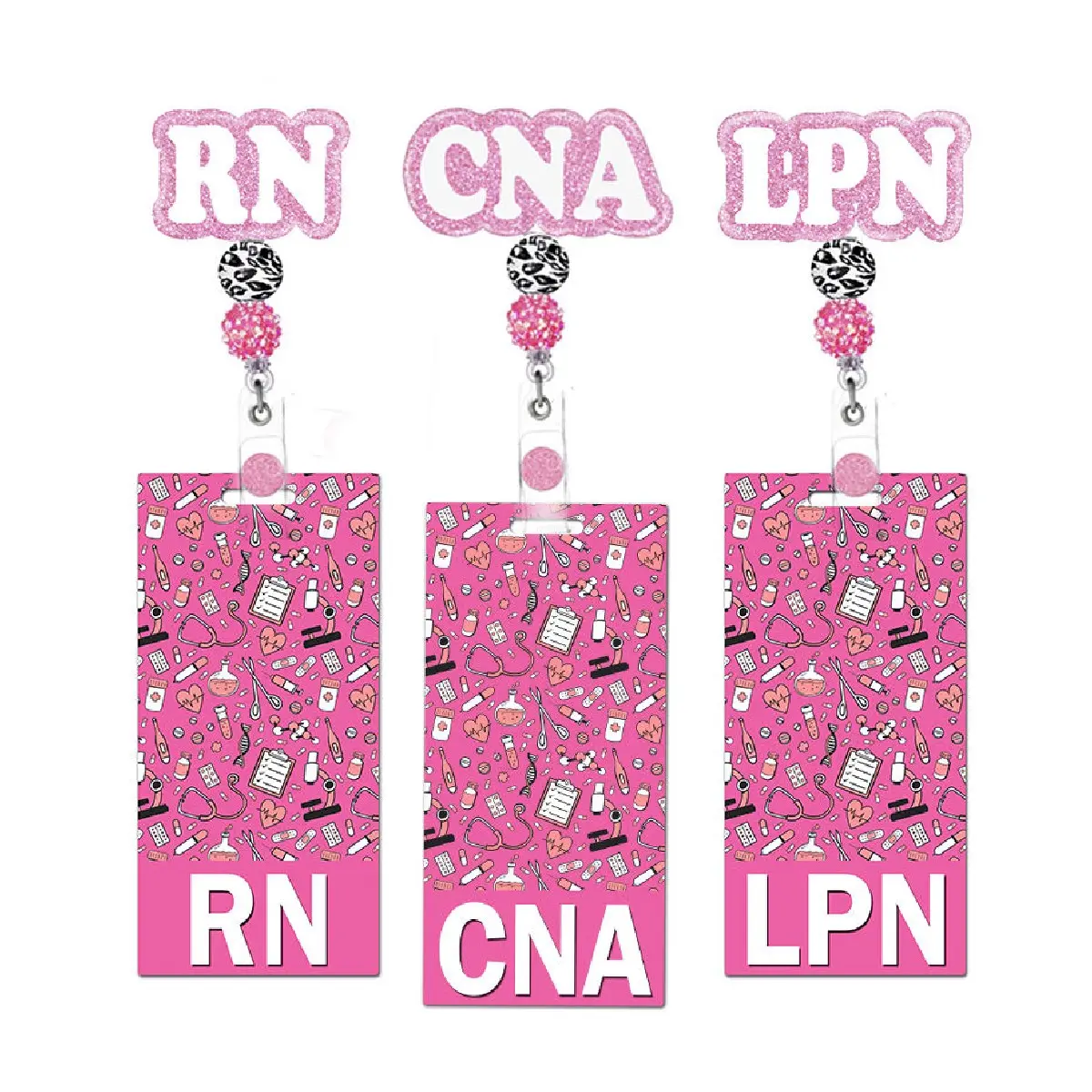 Custom RN Badge Buddy Acrylic Glitter Vertical Horizontal Nursing Heart Nurse Badge Reel Clip ID Card Holder Name Tag for Nurses