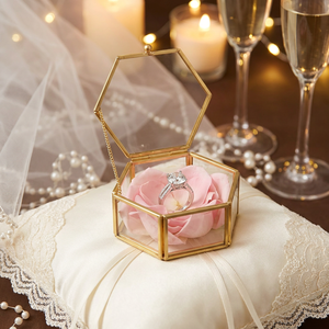 Hexagonal Brass Glass <strong>Proposal</strong> <strong>Ring</strong> Holder Bearer <strong>Box</strong> for Wedding Ceremony Gold Personalized Flower Trinket Jewelry Display Case - Product Image 1