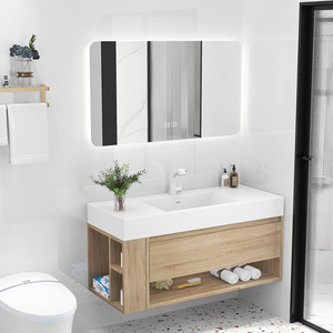 Meuble de salle de bain moderne simple meuble de salle de bain mural couleur bûche avec miroir lumineux à led - Product Image 3