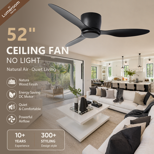 Ventilateur de plafond 52 pouces sans lumière, noir, 3 pales en ABS avec télécommande, profil bas, silencieux, moteur DC réversible pour chambre et salon - Product Image 1