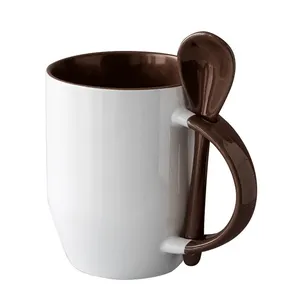 Wholesale 12oz Printable Heat Transfer Coated White Blank Ceramic Mugs Sublimation Mug With Spoon