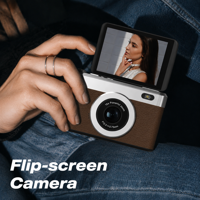 Vintage Flip Screen Portable Digital Camera with 4K Video 16X Digital Zoom Auto Focus for Take Selfies Photo