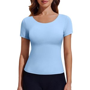 Camiseta Deportiva para Mujer, Manga Corta, Cuello Redondo, Color Azul Claro, Talla XL, Absorbe el Sudor, Transpirable, Secado Rápido, para Yoga - Product Image 1